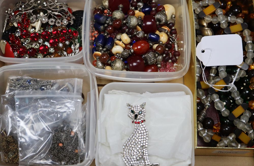 A large collection of costume jewellery, including two Butler & Wilson diamante cat brooches,